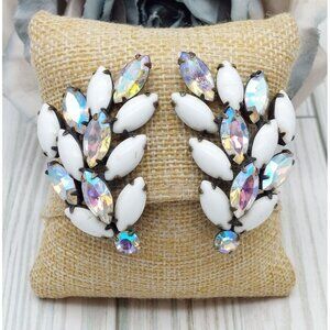 La Roco VINTAGE Milk Glass & AB Navette Crystal Clip On Earrings Large Climbers